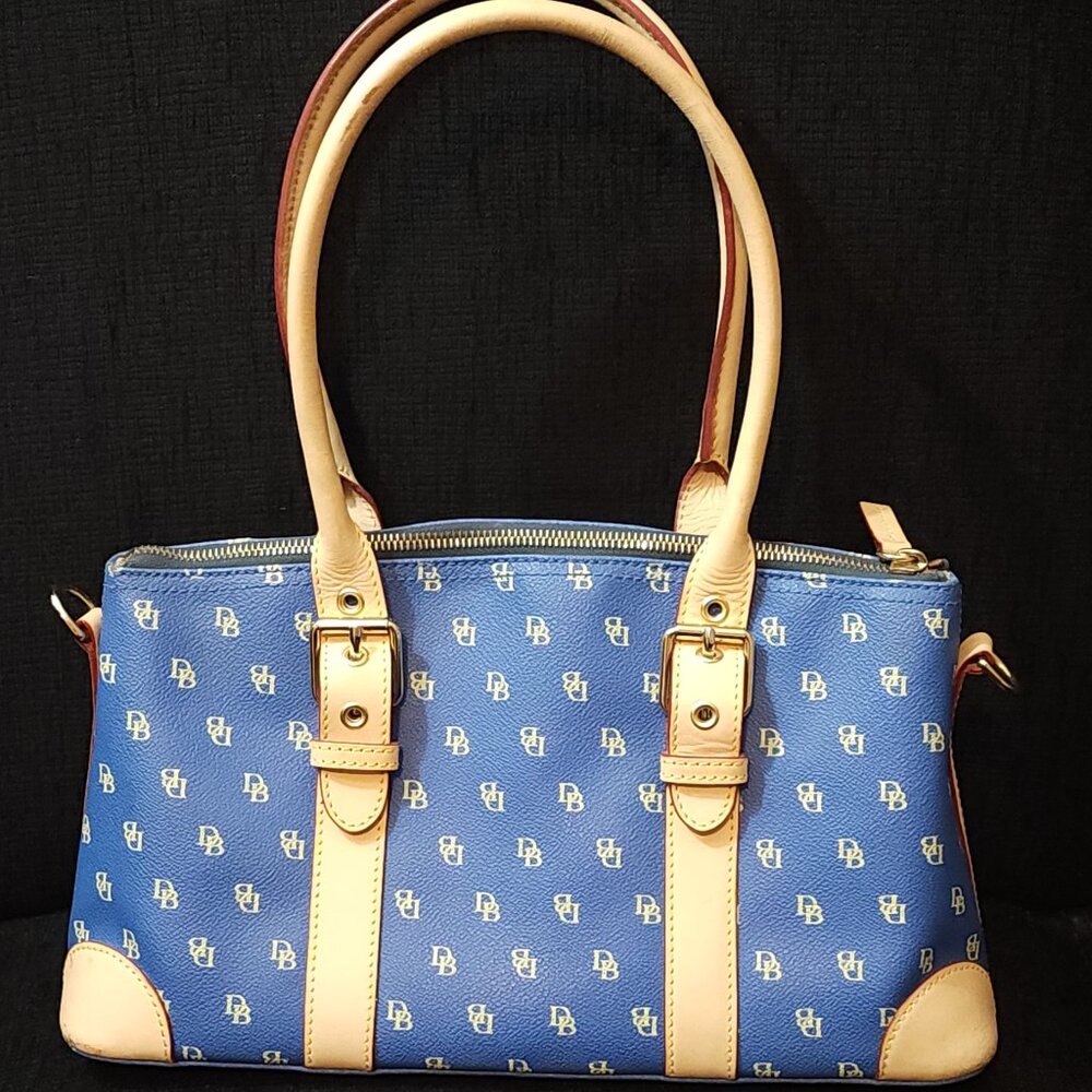 Dooney & Bourke Monogram Blue & Tan Leather Satchel w/ Crossbody Strap